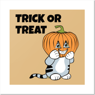 Halloween Cat with Pumpkin on Head Posters and Art